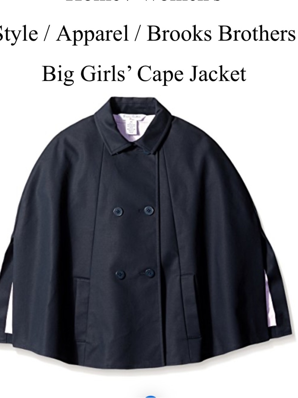 Brooks Brothers Cape Jacket XS girl navy blue big
